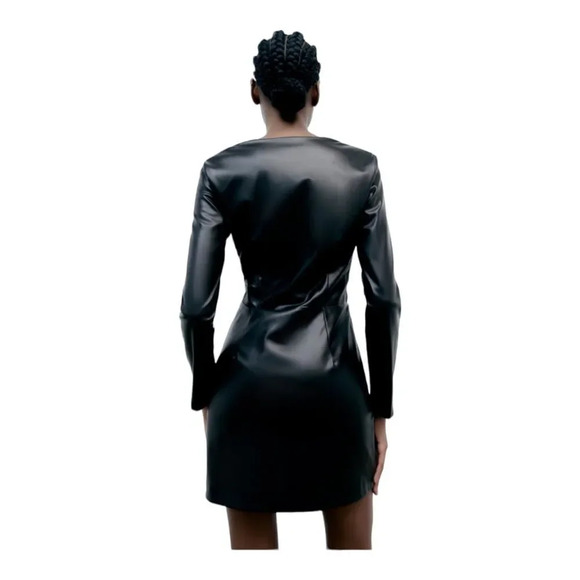 ZARA | Black | FAUX LEATHER DRAPED DRESS - Picture 9 of 10